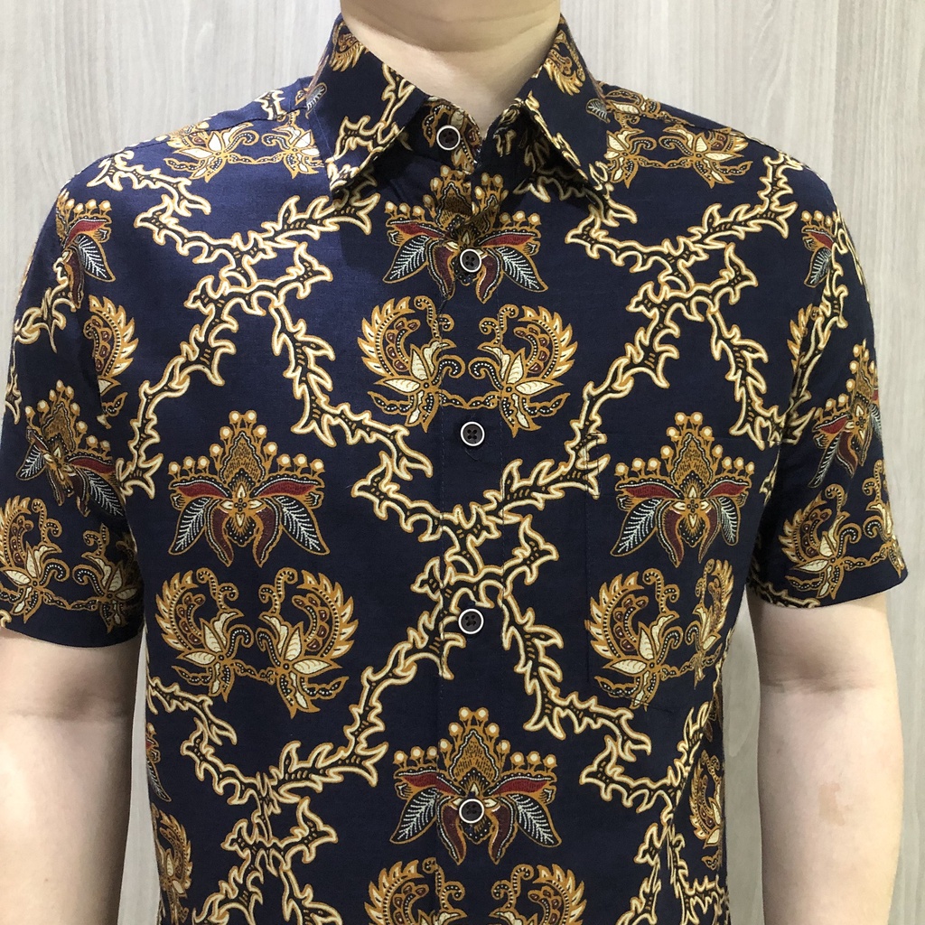 [GRIDLINE - S251 Navy Gold &amp; Black Brown] Kemeja Batik Pria Slimfit Lengan Pendek Katun Modern