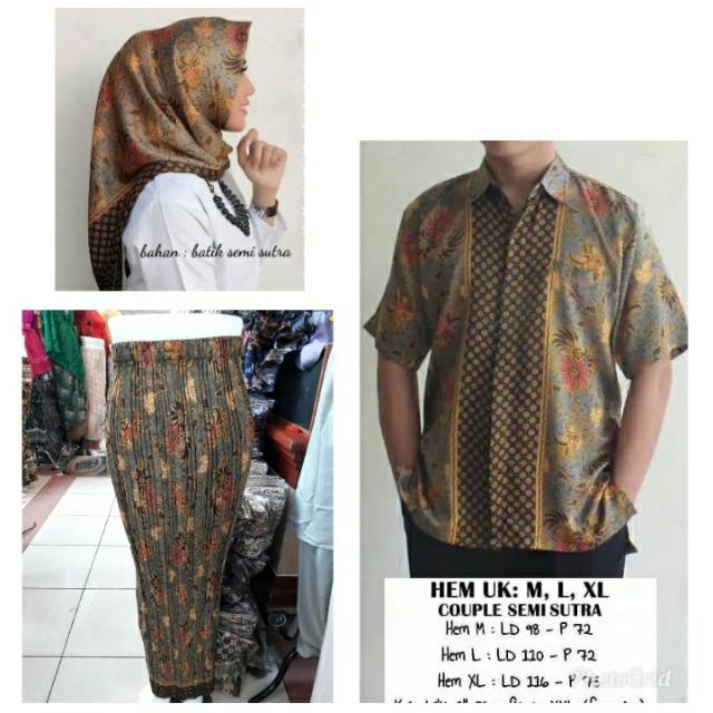 couple batik ayana rok plisket jumbo dan kemeja aerta hijab segi empat