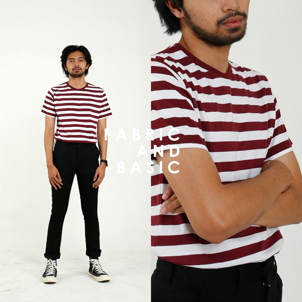 Kaos Stripe Pria Big Maroon Cotton Combed 30s - Kaos Garis Garis Unisex Pria Wanita