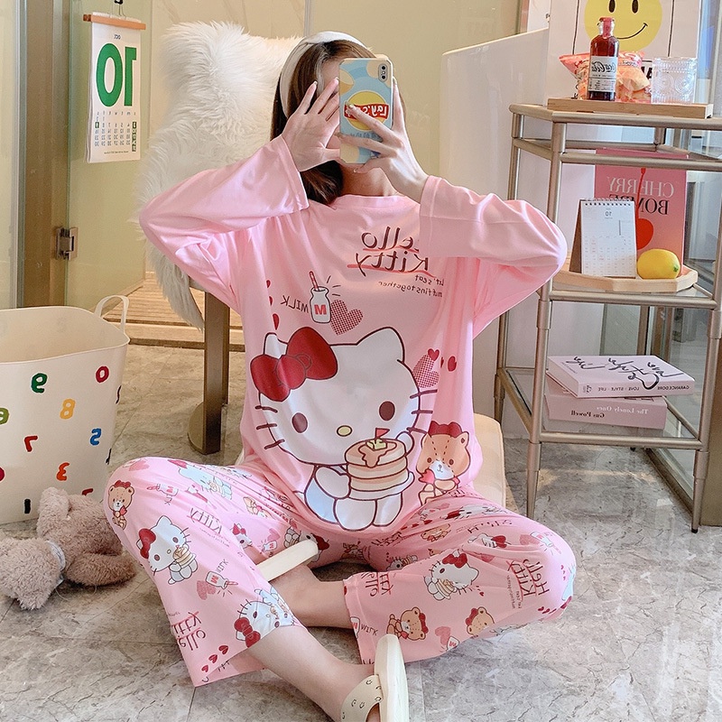 Setelan Piyama Oversize Bahan katun Adem Lengan Panjang Setelan Baju Tidur Wanita Oversize Piyama Pakaian Tidur Wanita Set Piyama Wanita Dewasa Motif Imut Karakter Kartun-milshake kitty
