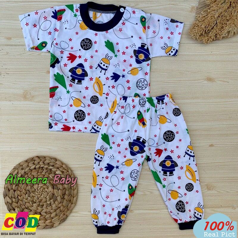 Setelan Baju Bayi Setelan Piyama Bayi Lengan Pendek Celana Panjang Kancing Pundak Usia 3-12 Bulan Almeera Baby and Kids