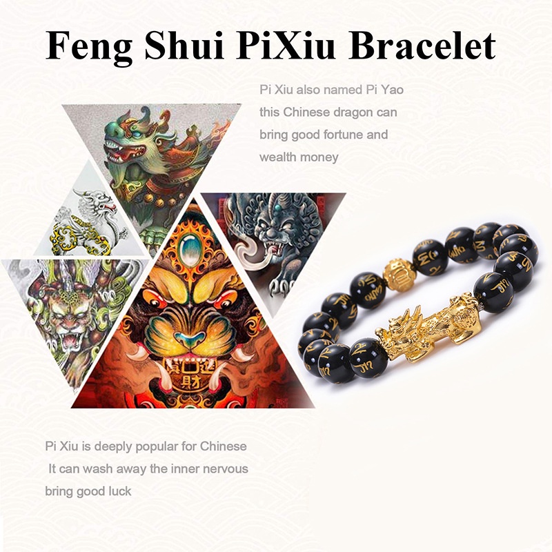 Feng Shui Pixiu Hitam Obsidian Kekayaan Gelang Pasangan Beruntung Gelang Keberuntungan Perhiasan Hadiah 815B3