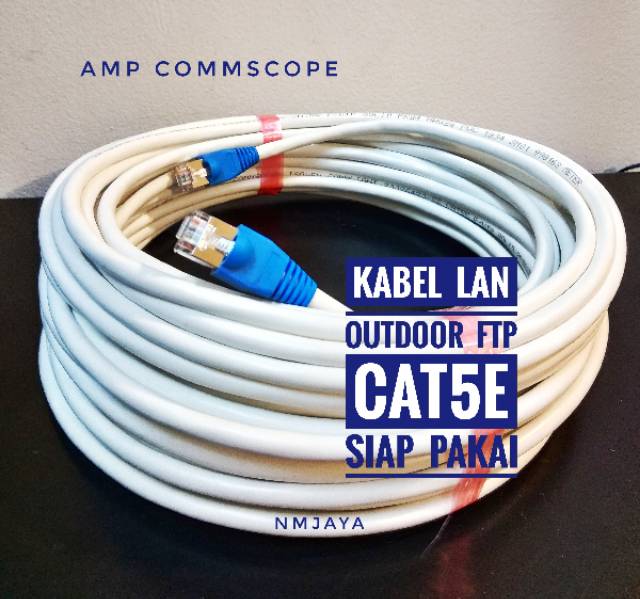 Commscope Kabel Lan Outdoor 15 meter FTP CAT5e siap pakai F/UTP Putih sudah dicrimping rj45 besi dan plug booth