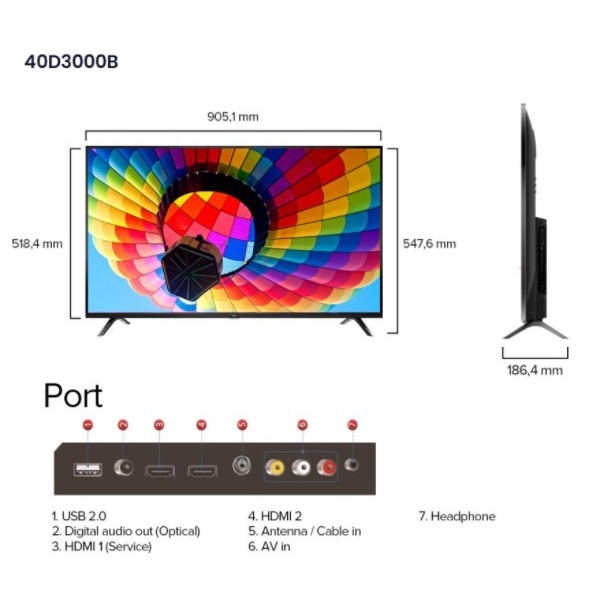 TCL LED Digital TV 40&quot; Full HD FHD DVB-T2 HDMI 40D3000B 40D3000 LED TV