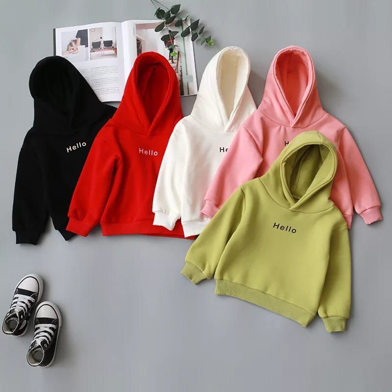 HELLO BORDIR HOODIE ANAK FLEECE UNISEX TEBAL TERBARU'