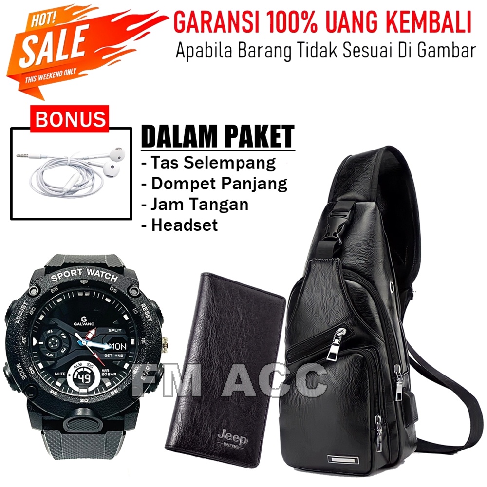 Tas Slempang Waisbag Selempang USB Kulit Sintesis Import FREE Jam Tangan Pria Premium Plus Dompet Pria Panjang Lipat Plus Headset Earphone