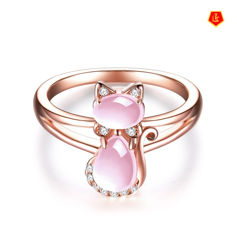 [Ready Stock]Rose Gold Pink Quartz Cat Ring Elegant and Sweet