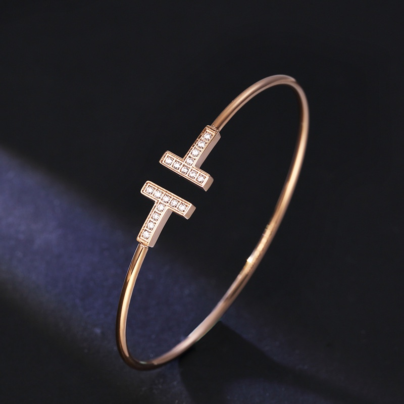 Gelang Model Terbuka Bentuk T Lapis Emas 18k Warna Rose Gold Silver Gaya Klasik Untuk Wanita