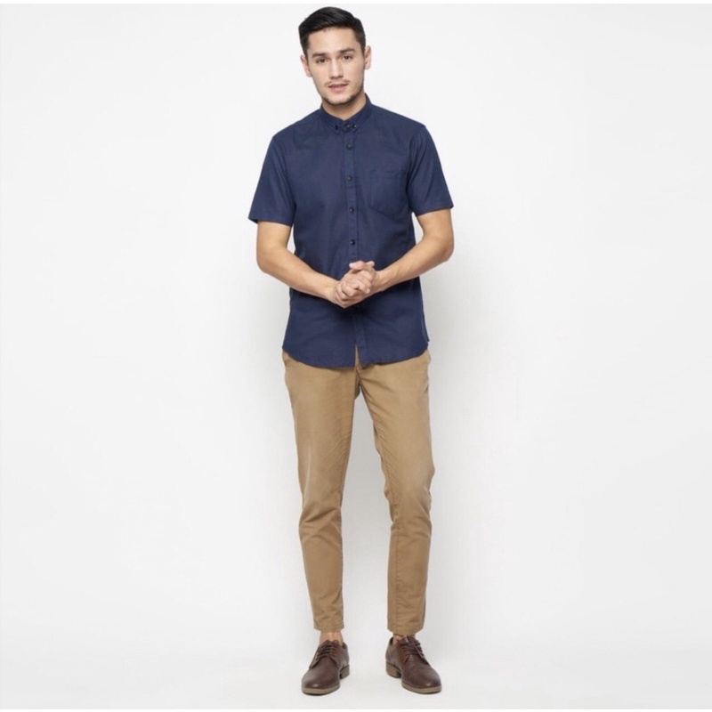 Kemeja Pria Cowok Polos Tangan Lengan Pendek Slimfit Casual Kantoran Murah Sale Premium Navy