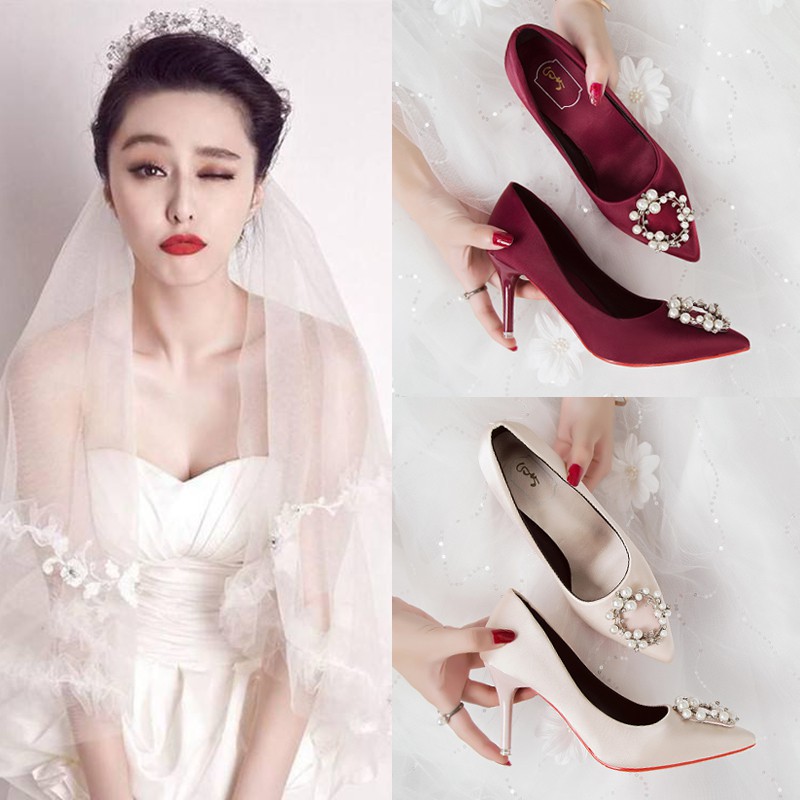 8cm Sepatu  pengantin  High Heels Wanita  Ukuran Pointed Toe 