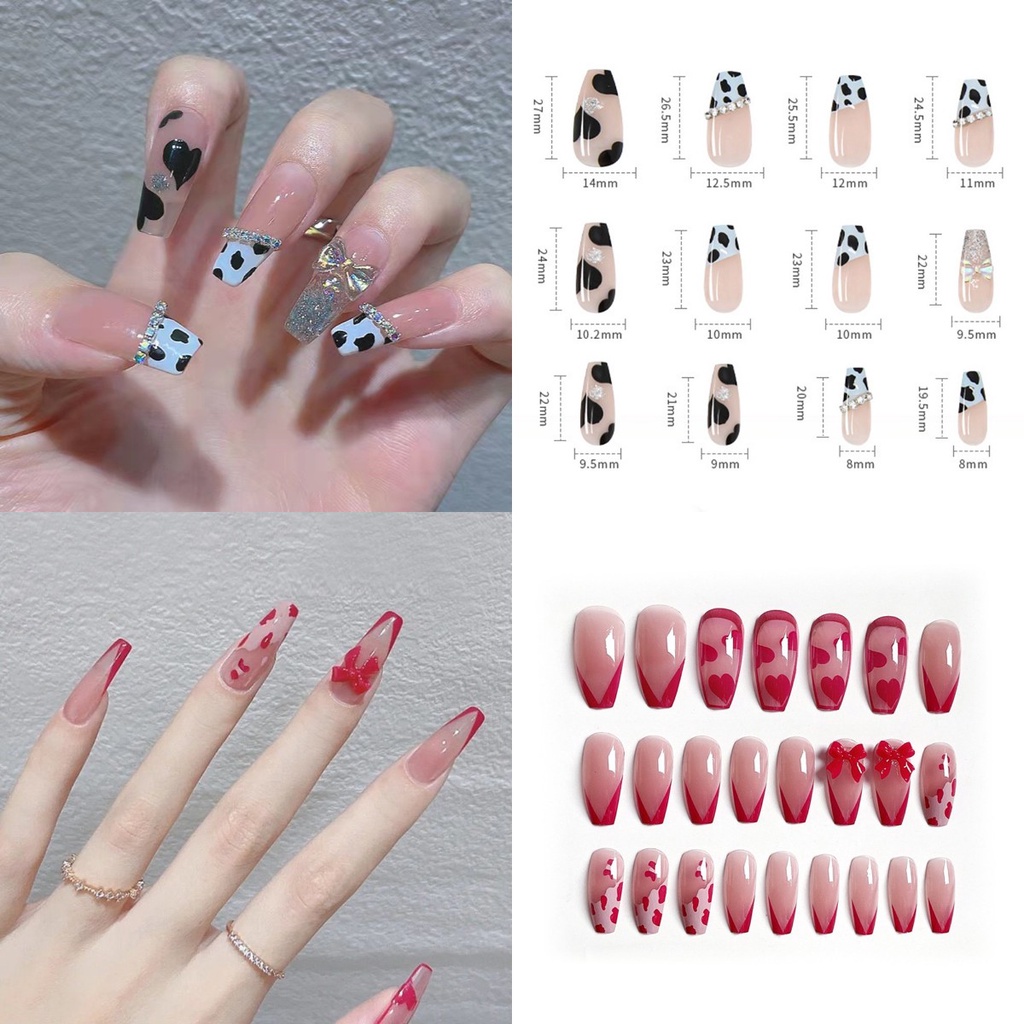 【COD Tangding】24pcs / set Kuku Palsu Motif Leopard / Hati / Pita Tahan Air Untuk Manicure