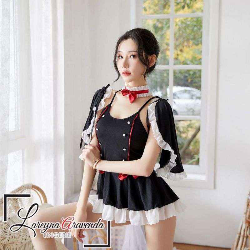 Set Lingerie + CD + Gelang Leher Seksi Model Costume Black Maid Premium LG439