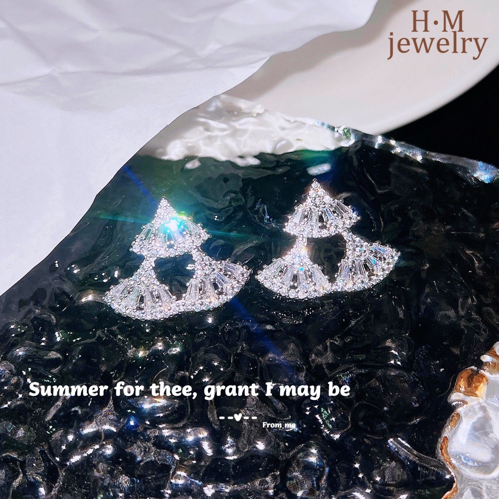 Anting Tusuk Sterling Silver 925 Desain Kipas Hias Berlian Untuk Wanita