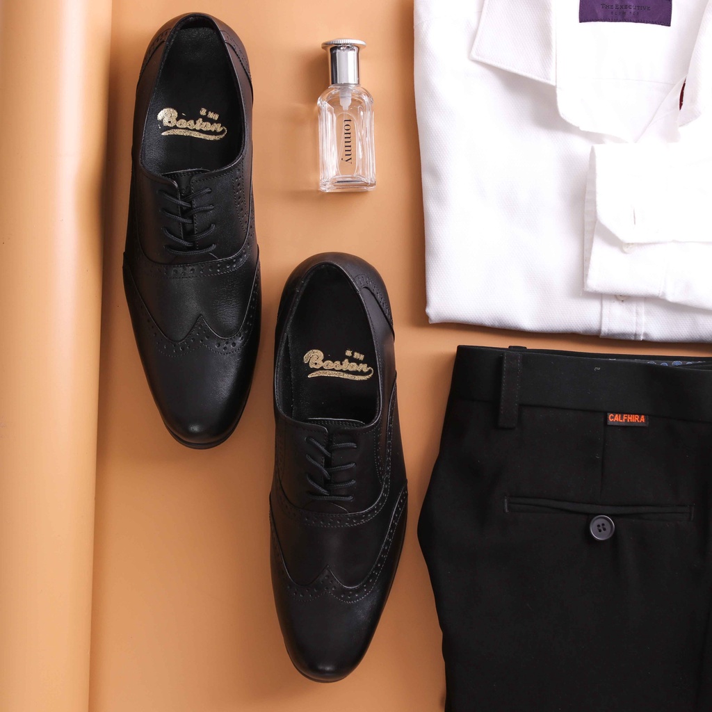Sepatu wingtip pria kulit asli sepatu pantofel klasik Model Luiz