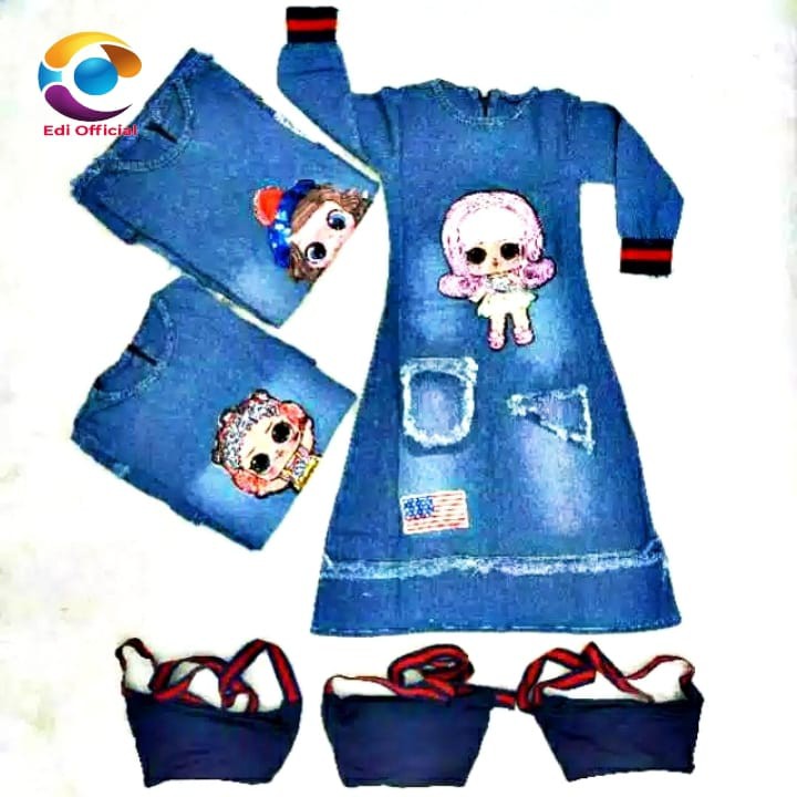 Terlari - Gamis Terbaru -Gamis Jeans Anak LOL 2-10 thn Free Tas + Kerudung