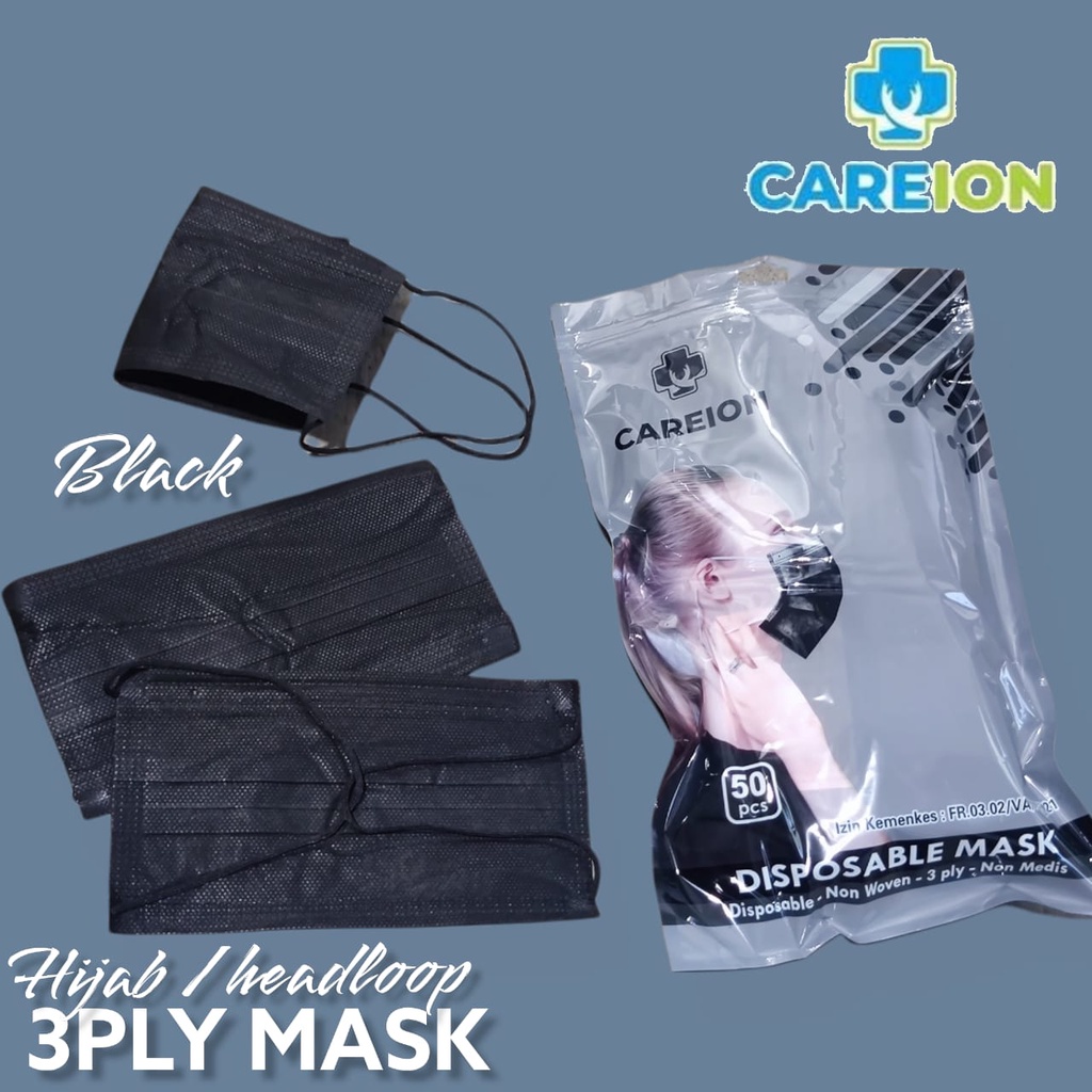 CAREION - MASKER 3PLY BLACK HITAM DISPOSABLE FACE MASK KEMENKES FULL BLACK