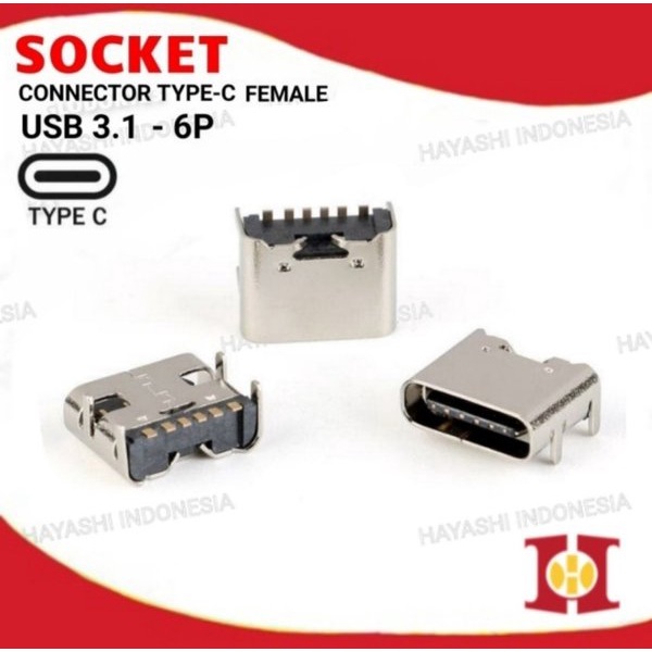 Socket Konektor Soket USB 3.1 Type C Female 6Pin PCB SMT HD Connector - 10pcs