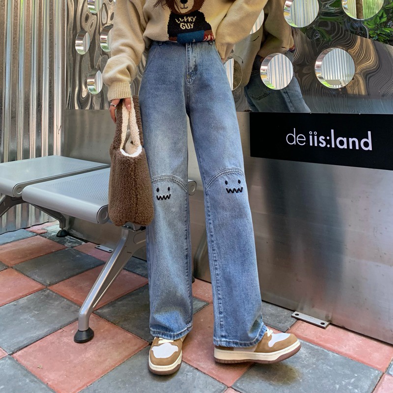 New Korean Diimpor Biru Celana Panjang Perempuan High-Waist Lurus-Kaki Bergaya Celana Jeans Wanita