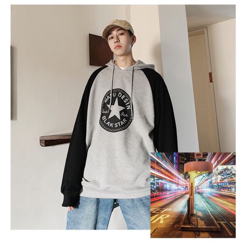 (S - 6XL) Hoodie RAGLAN MIX kombinasi 2 Warna BIGSIZE Jaket Jumper CONVERSE Streetwear Korean Harajuku Unisex OVERSIZE Two Tone Jaketin aja Hitam Grey Gray