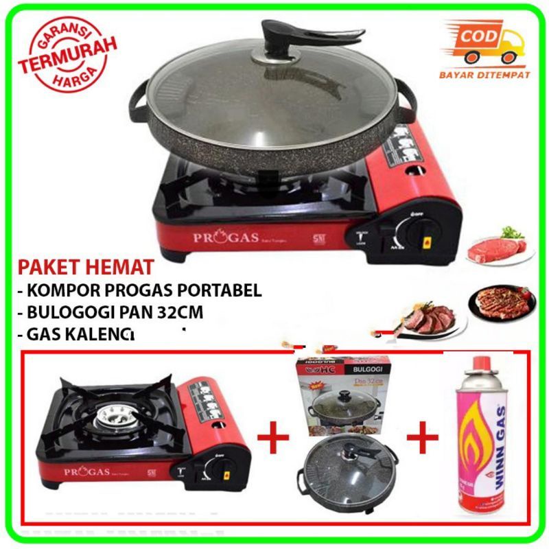 Progas ,  Paket BBQ + Kompor Portable Grill  + Bulgogi Pan 32 CM Tutup Kaca