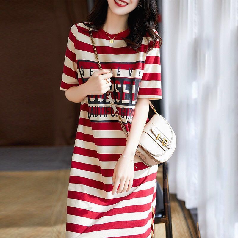 #Sisjuly# Dress Kaos Sablon Wanita Garis-Garis Dress Wanita Lengan Pendek Lengan Pendek Atasan Belah