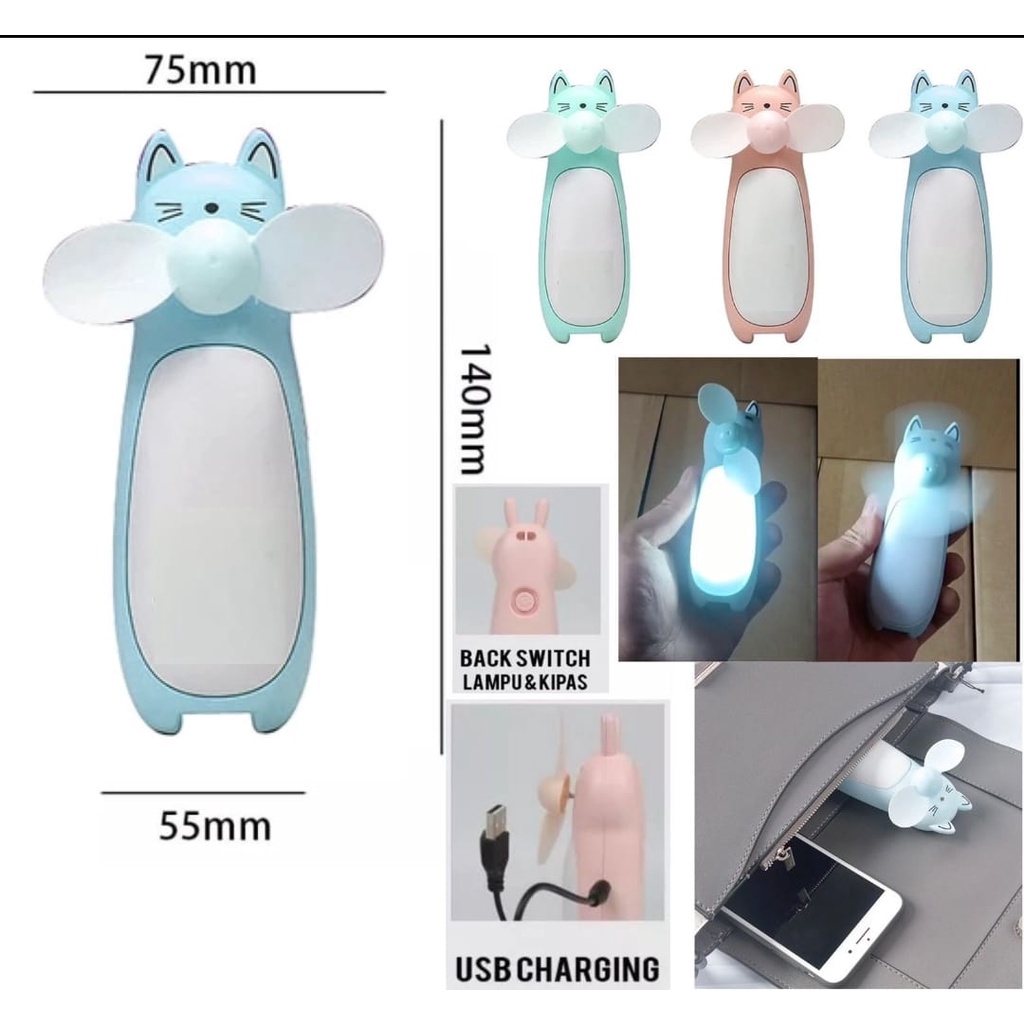 Fan Kipas Mini Lampu LED USC Charger - Rabbit 995 KELINCI / ALPUKAT + Cermin / Lipat / BEAR + Cermin / Hello Kitty Gliter