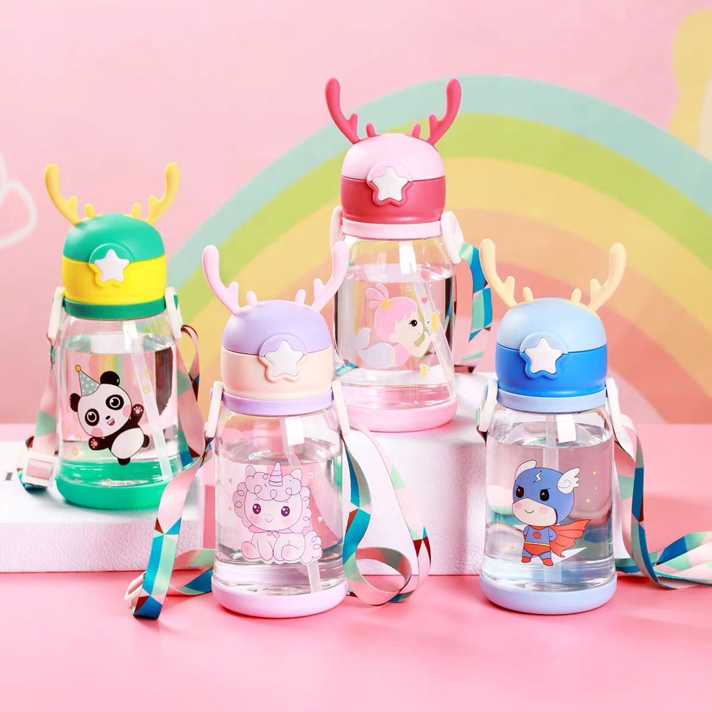 Botol Minum Anak 600ml Botol Tanduk Rusa Tali Sedotan Anti Tumpah Dan Bocor Bpa Free Botol Warna