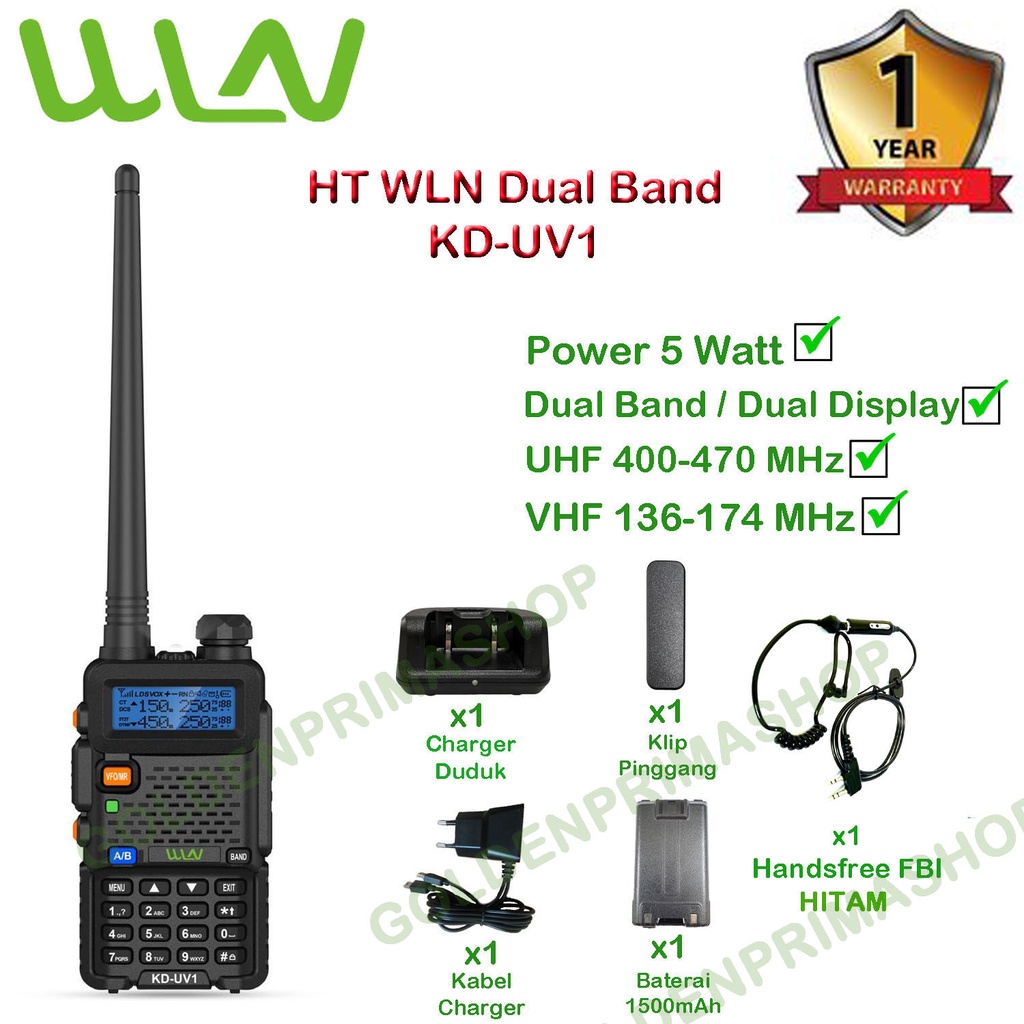 PAKET HANDSFREE HT WLN KD-UV1 DUAL BAND (UHF,VHF) DAYA 5 WATT