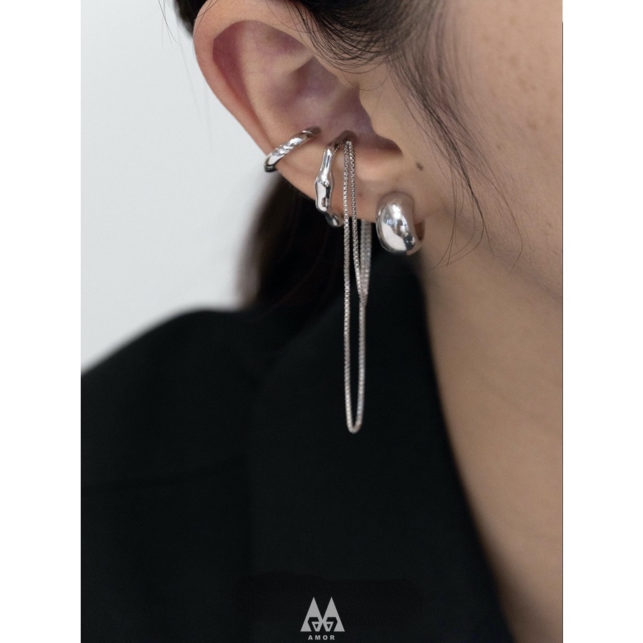 Set Anting Tusuk + Klip Rantai Asimetris Bahan metal Untuk Wanita