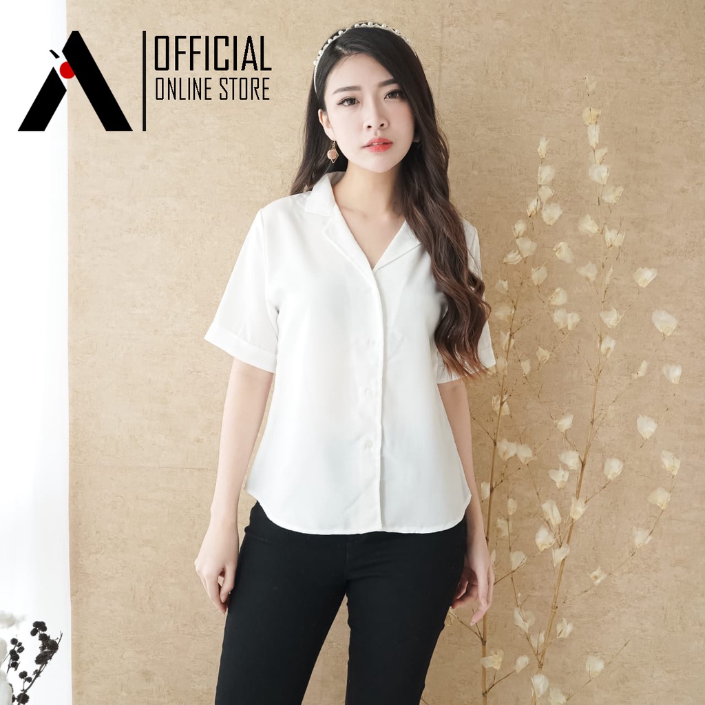 KEMEJA WANITA LENGAN PENDEK BASIC POLOS FASHION KULIAH&SANTAI TERBARU-White