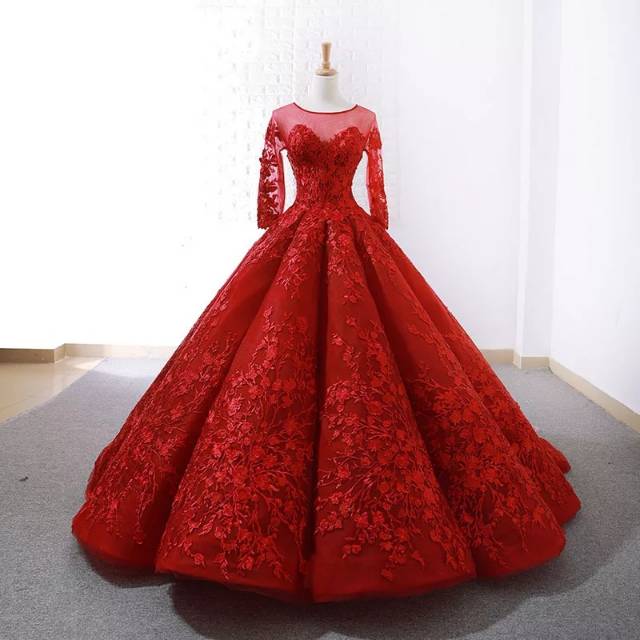 Gaun Bola Mewah Lengan Panjang Renda Fotografi Gaun Merah Kereta Pengantin gaun
