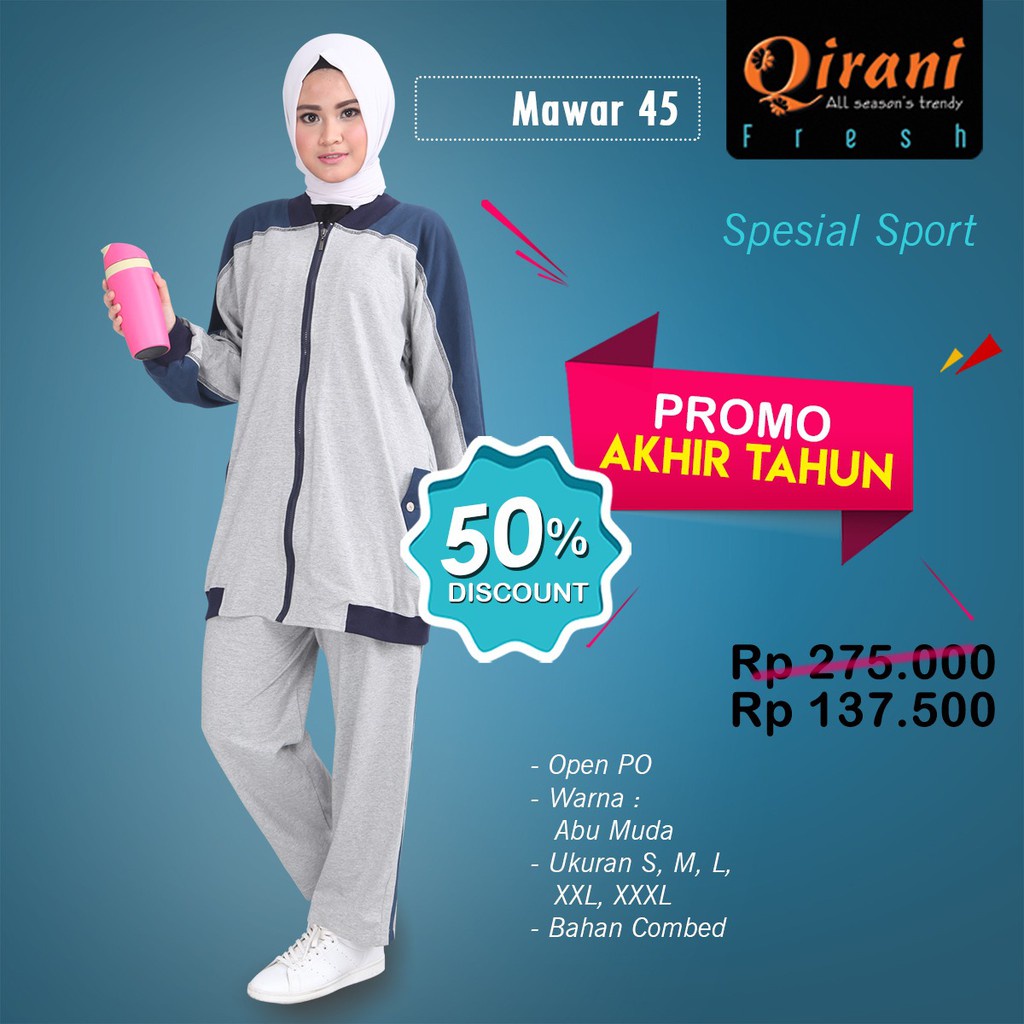 PROMO Setelan Baju Olahraga Muslimah Rahnem & Qirani ORIGINAL Promo Agustus 60%