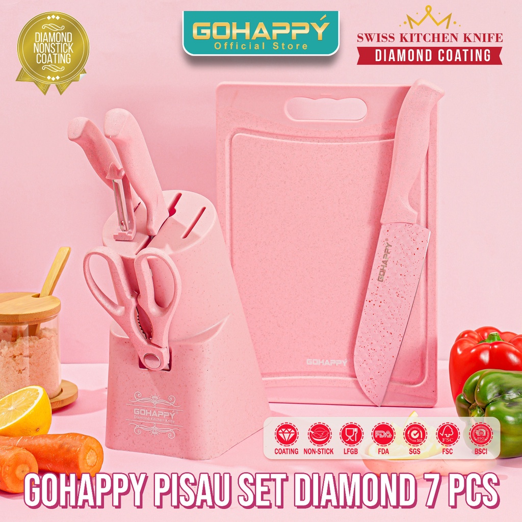 DIAMOND KNIVE SET GOHAPPY PISAU SET Diamond 7 pcs GHX67 chopping board choco set with knife block