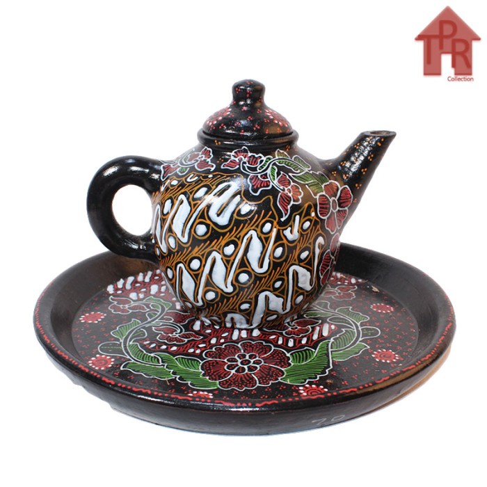 Gerabah Tea Set Premium - Poci Batik Tulis - Motif Spiral Bunga J