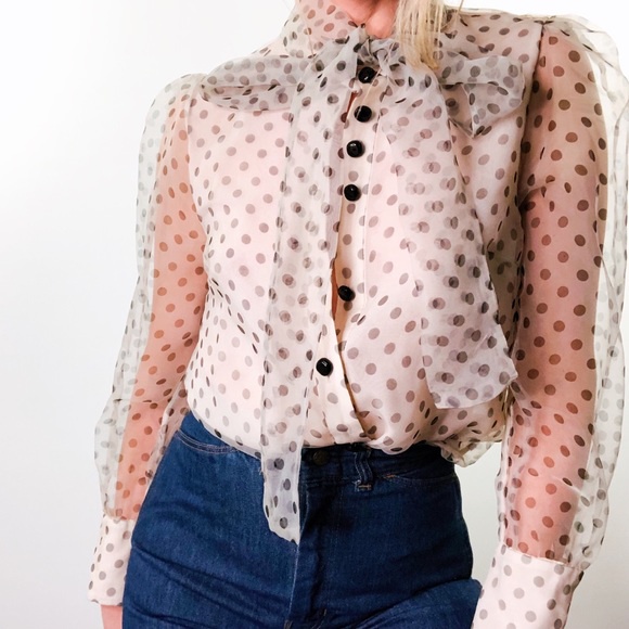 PRELOVED ZARA BLOUSE TRANSPARAN / KEMEJA PESTA TIPIS POLKADOT / White Dot Frill Organza Top