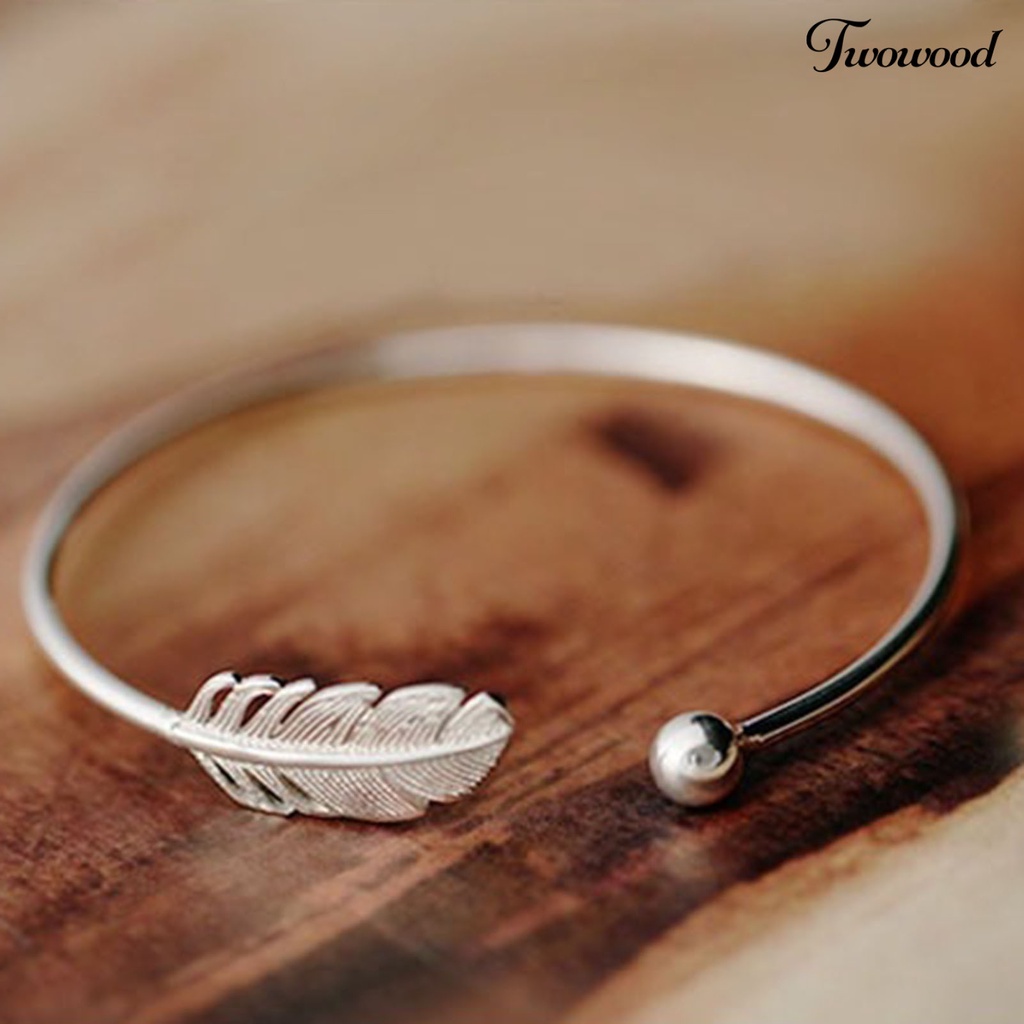 Twowood Silver Color Round Cuff Bracelet Copper Angel Feather Adjustable Simple Bangle for Valentine Day