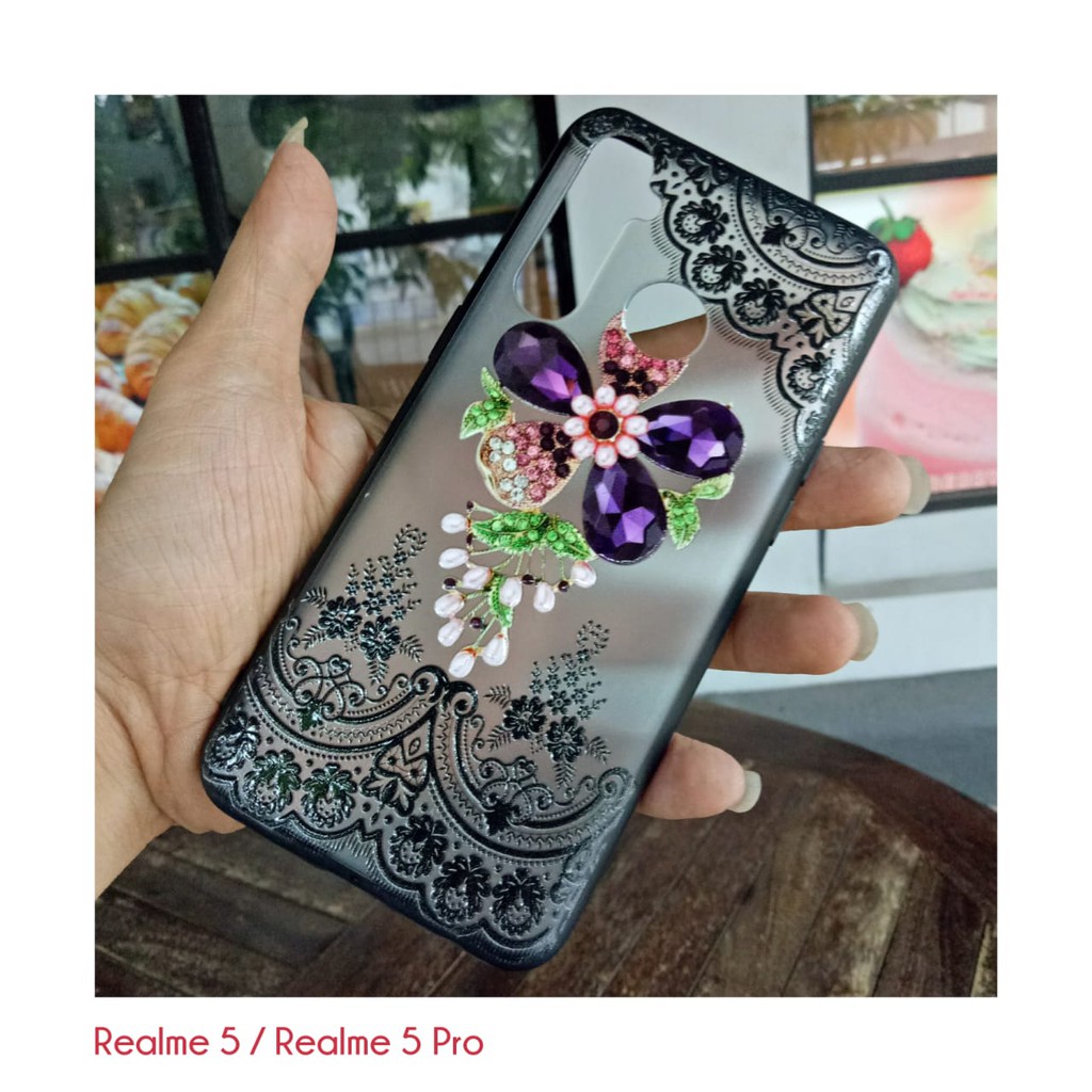 Case Realme 5 / Realme 5 Pro Henna Flower 3D Akrilik Gambar Timbul Kualitas Premium