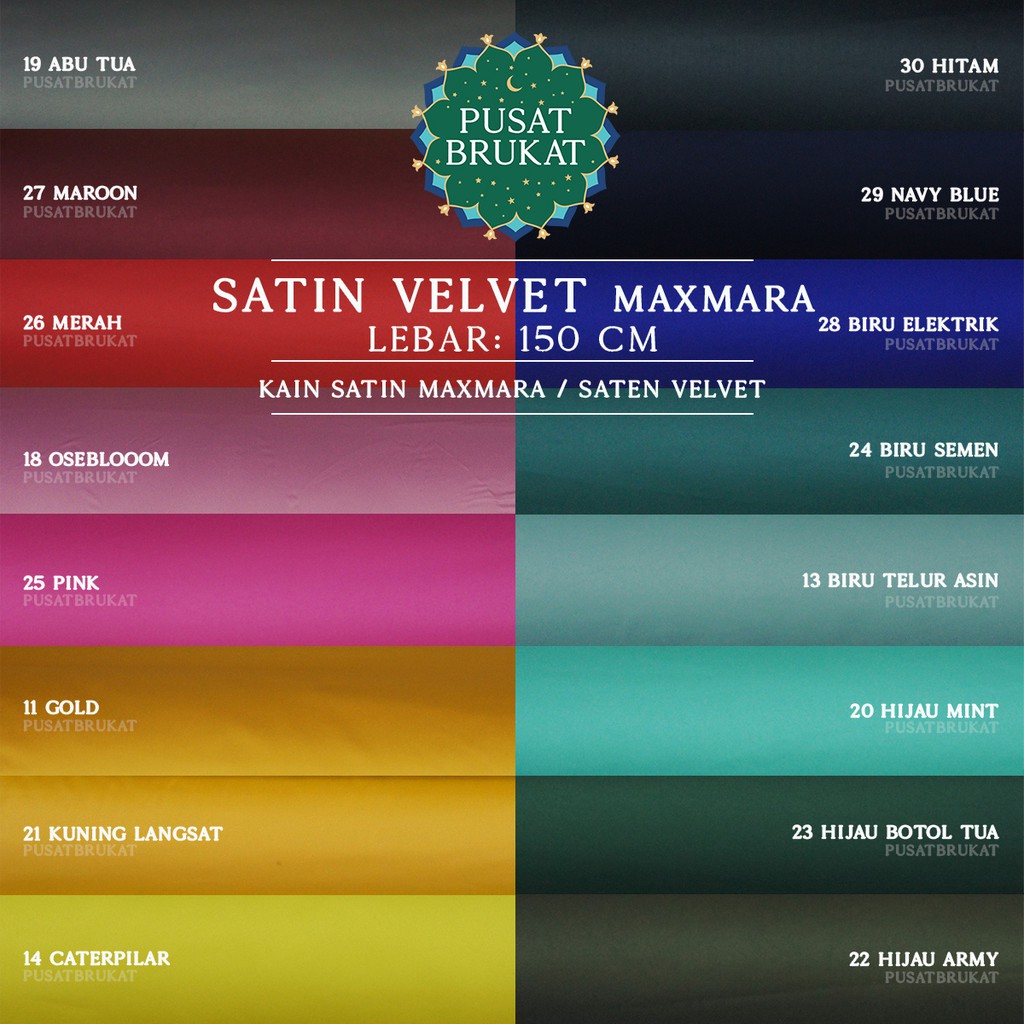 KAIN SATIN VELVET MAXMARA / SATEN PREMIUM - WARNA GELAP / TERANG , LEBAR 150CM [harga per 0.5m]