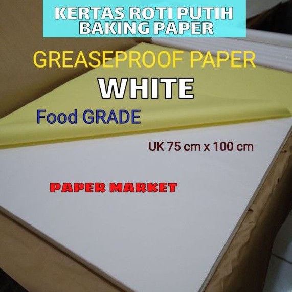 

RB KERTAS ROTI PUTIH GREASEPROOF PAPER WHITE 40 GSM uk 75 cm x 100cm 1roll (20 lembar).