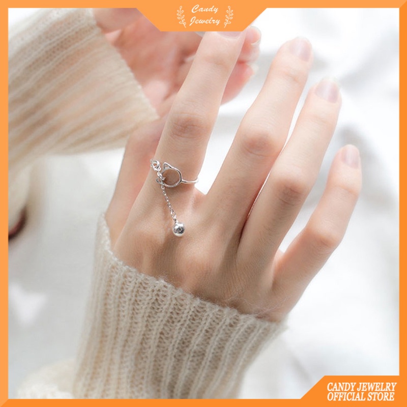 Cincin Open Ring Adjustable Lapis Silver Model Kucing Untuk Wanita