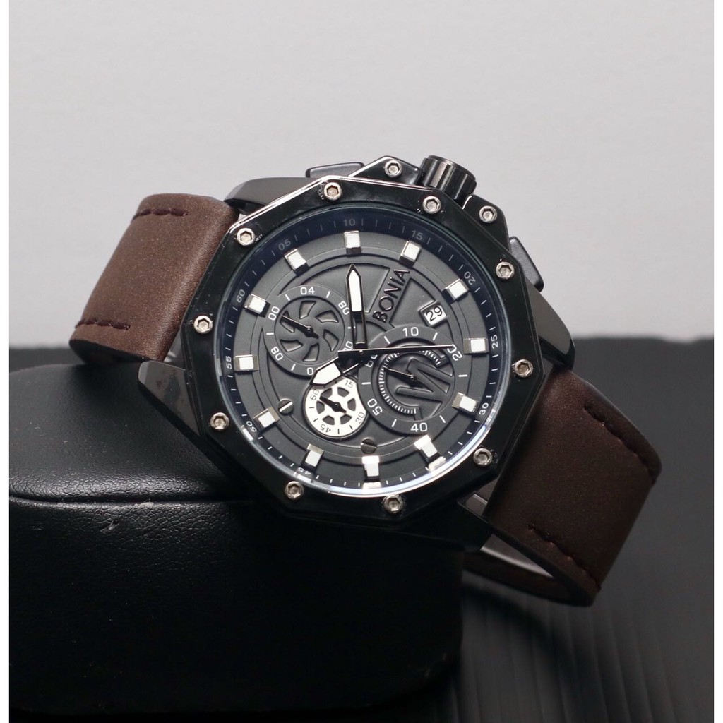 JAM TANGAN PRIA WANITA Bonia Chrono Tanggal Premium JAM TANGAN Fashion Tali Kulit Terbaru Murah