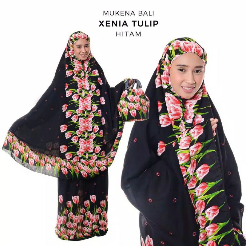 Raszi Official - Mukenah Dewasa Katun Rayon Bali Motif Xenia Tulip Warna Hitam
