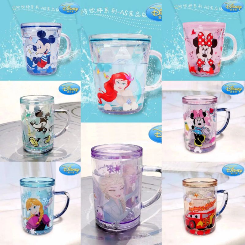 Cup gelas cangkir mug anak gagang Original Double Layer karakter frozen mickey princess cars minnie