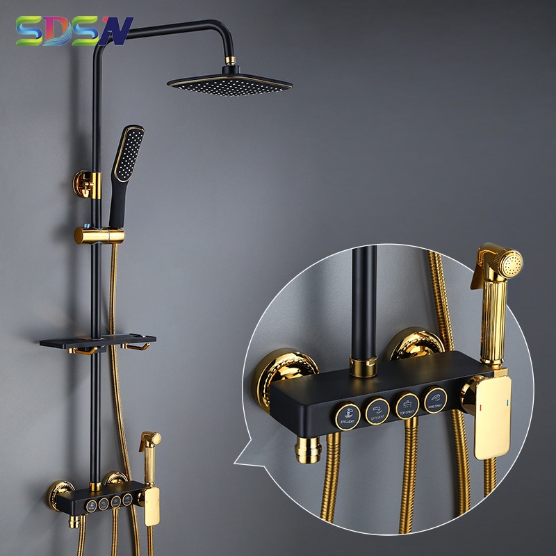 Black Gold Shower Set SDSN Square Rainfall Top Shower Head Thermostatic Black Gold Shower System Qua