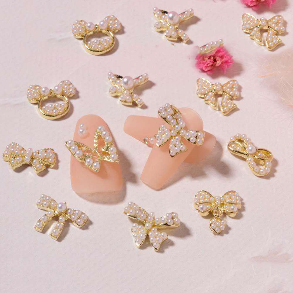 Mxbeauty Ikatan Simpul Nail Art Berlian Zirkon Mutiara Bow Tie Pendant 3D Alloy Perhiasan Nail Art Berlian