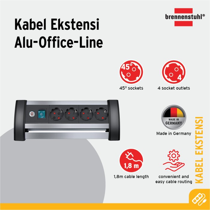 Brennenstuhl Alu-Office-Line 4-Soket Stop Kontak - Silver, Hitam - 1391040400