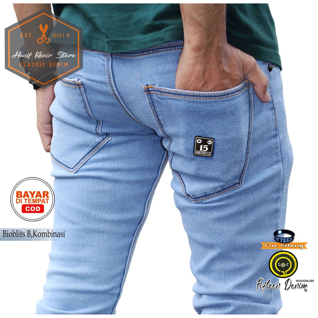 celana JEANS TERLARIS bioblits benang hitam combinasi kuning cowo/cowok/pria slimfit murah ,grosir