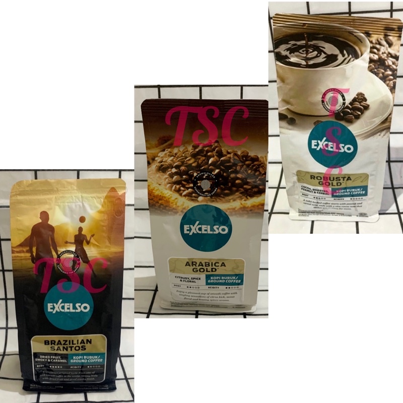 

Kopi Excelso Robusta / Arabica / Gold / Brazilian Santos / Ground / Coffee / Kopi / Bubuk / Excelso Coffee / Dried Fruit / smoky / Caramel