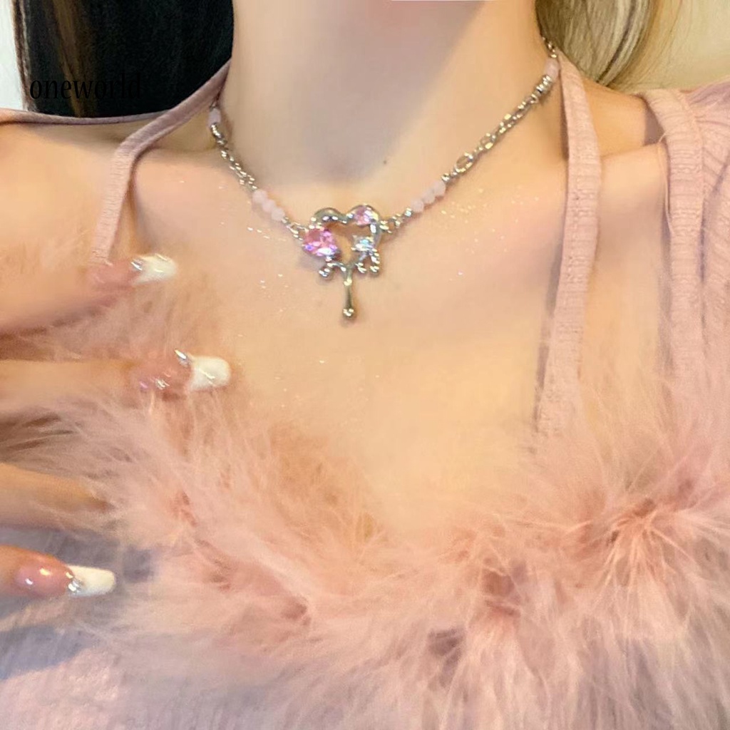 |Onwo Dress Mini Lengan Pendek Untuk Wanita| Kalung Choker Manik-Manik Bentuk Hati Bahan Cubic Zirconia Warna Pink Untuk Wanita