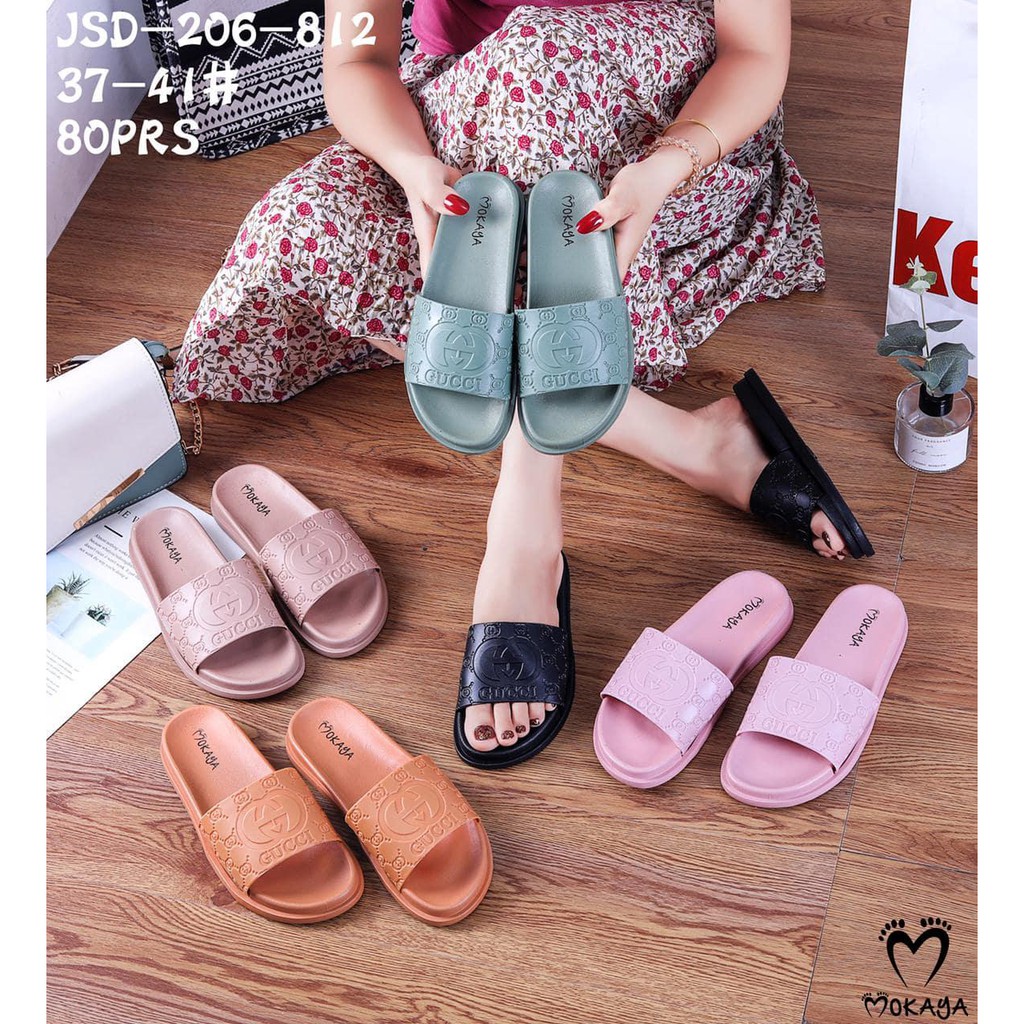 Sandal slop wanita ban motif GC super cantik elegant Import Mokaya / size 37-41 ( JSD-206-812 )